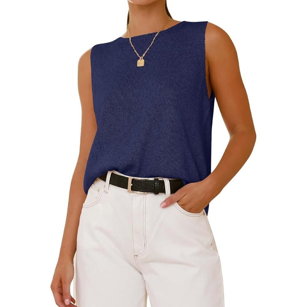 🆕Btfbm Womens Navy Sleeveless Neck Ribbed Knit Lightweight Pullover Sweaters